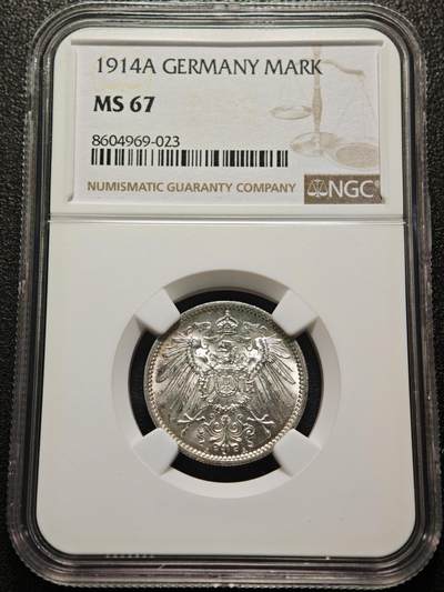 【德藏】世界币章拍卖第155期（拍品征集中~欢迎藏友联系） - 1914年 德国1马克银币 NGC MS67 原光犀利 转光极强 淡彩包浆