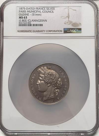 「木头集藏」章牌精品专场！ - OUDINE～1875年巴黎市议会议员银奖章，直径：51 mm，边铭：蜜蜂 ARGENT，获奖人：让-朱尔·克拉马热兰（Jean-Jules Clamageran），1871年加入巴黎市议会，成为巴黎市议员，参与巴黎市政治理事务，1882年当选为法国参议院终身参议员，进入国家立法机构，1885年短暂担任法国财政部长（属于茹费里内阁成员）少见版本！