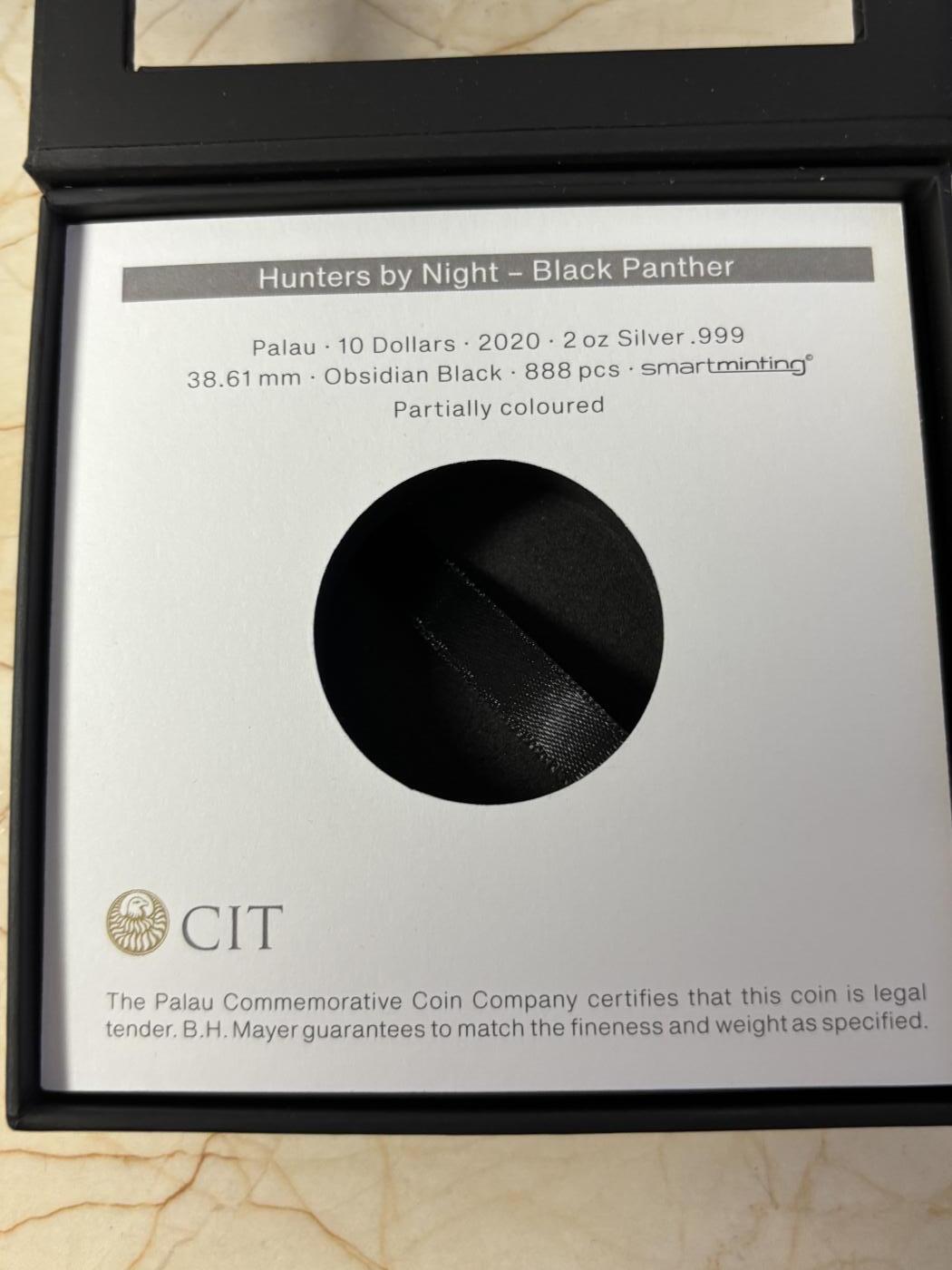 第183期拍卖 获奖帕劳2020年夜间猎人黑豹镶嵌黑曜石2盎司纪念银币，获得2021年度钱币之星最佳原创技术币大奖第二名，999银，发行888枚