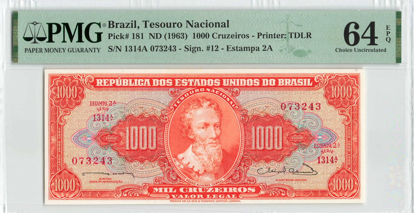 小福收藏拍卖第196期 评级币精选场 本期有68分倒置号布隆迪世界最大纸币 泰国69年10铢纪念钞0A冠百位倒置号  文莱06年500吉令特首年首冠 丹麦经典大松鼠 俄罗斯 玻利维亚 东加勒比 亚美尼亚等多国精美高分珍稀老钞精品纸币 巴西 1963年 1000克鲁塞罗 PMG64 EPQ