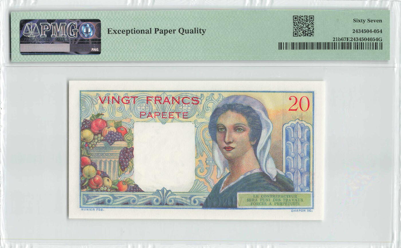 小福收藏拍卖第196期 评级币精选场 本期有68分倒置号布隆迪世界最大纸币 泰国69年10铢纪念钞0A冠百位倒置号  文莱06年500吉令特首年首冠 丹麦经典大松鼠 俄罗斯 玻利维亚 东加勒比 亚美尼亚等多国精美高分珍稀老钞精品纸币 大溪地 塔希提 1954-58年 20法郎 928号 高分少见 PMG67 EPQ 亚军分（冠军分仅1枚）