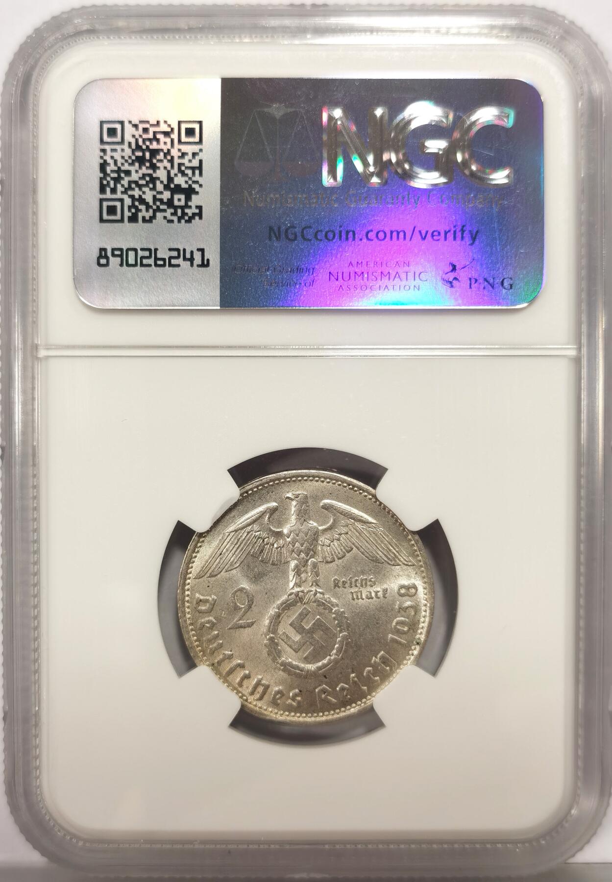 博洋堂世界钱币拍卖第149期（全场包邮） NGC MS64 德国1938年2马克银币。热门品种，流通充分，64分属于超高分了。