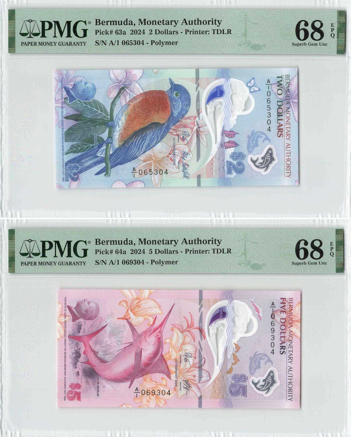 小福收藏拍卖第196期 评级币精选场 本期有68分倒置号布隆迪世界最大纸币 泰国69年10铢纪念钞0A冠百位倒置号  文莱06年500吉令特首年首冠 丹麦经典大松鼠 俄罗斯 玻利维亚 东加勒比 亚美尼亚等多国精美高分珍稀老钞精品纸币 百慕大 2024年 2元 5元 塑料钞 A/1冠 尾3同 1组2张 PMG68 EPQ 季军分