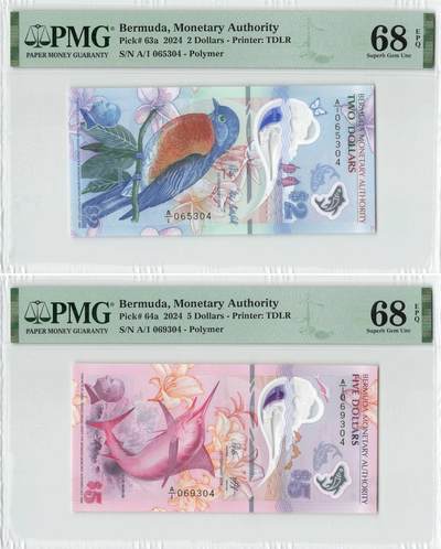 小福收藏拍卖第196期 评级币精选场 本期有68分倒置号布隆迪世界最大纸币 泰国69年10铢纪念钞0A冠百位倒置号  文莱06年500吉令特首年首冠 丹麦经典大松鼠 俄罗斯 玻利维亚 东加勒比 亚美尼亚等多国精美高分珍稀老钞精品纸币 - 百慕大 2024年 2元 5元 塑料钞 A/1冠 尾3同 1组2张 PMG68 EPQ 季军分