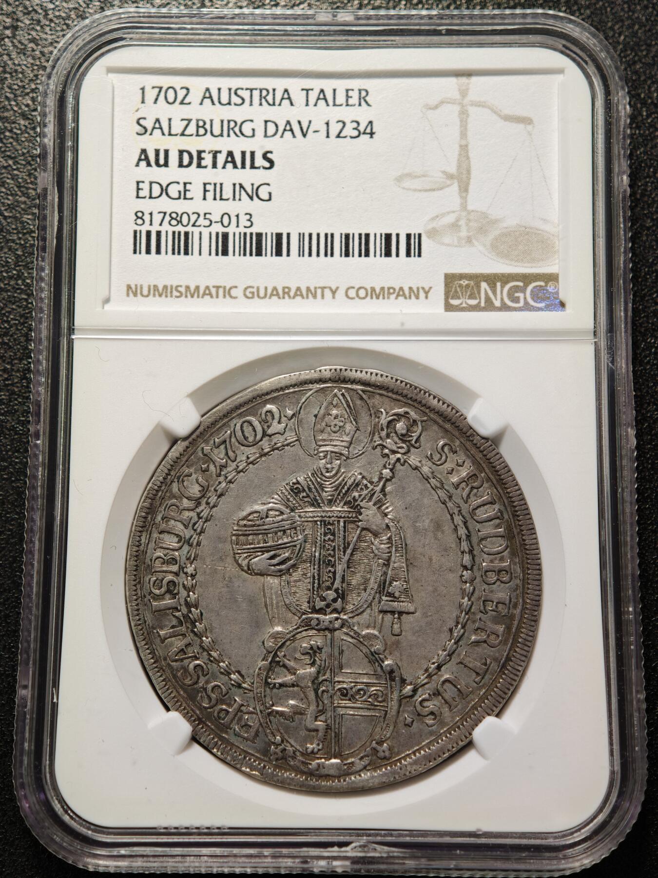 【德藏】世界币章拍卖第155期（拍品征集中~欢迎藏友联系） 1702年 神圣罗马帝国萨尔茨堡泰勒大银币 NGC AU 原味包浆 状态安逸