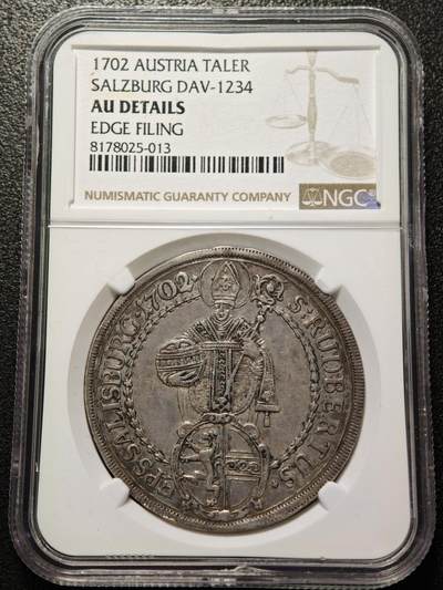 【德藏】世界币章拍卖第155期（拍品征集中~欢迎藏友联系） - 1702年 神圣罗马帝国萨尔茨堡泰勒大银币 NGC AU 原味包浆 状态安逸