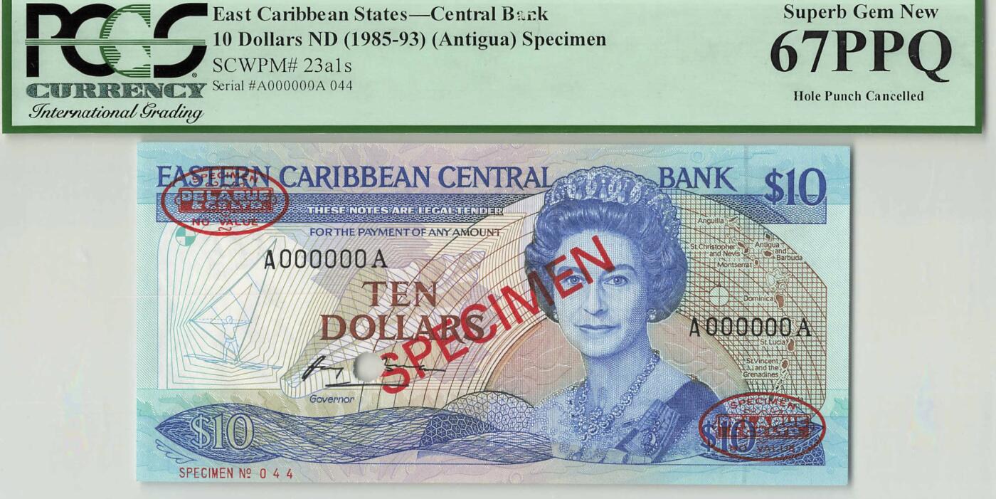 小福收藏拍卖第196期 评级币精选场 本期有68分倒置号布隆迪世界最大纸币 泰国69年10铢纪念钞0A冠百位倒置号  文莱06年500吉令特首年首冠 丹麦经典大松鼠 俄罗斯 玻利维亚 东加勒比 亚美尼亚等多国精美高分珍稀老钞精品纸币 东加勒比（A）安提瓜 1985-93年 10元 样钞 A-A冠 PCGS67 PPQ