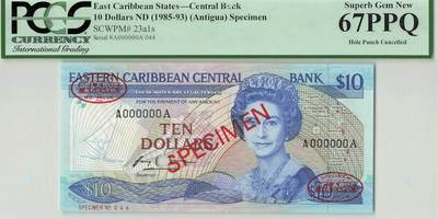 小福收藏拍卖第196期 评级币精选场 本期有68分倒置号布隆迪世界最大纸币 泰国69年10铢纪念钞0A冠百位倒置号  文莱06年500吉令特首年首冠 丹麦经典大松鼠 俄罗斯 玻利维亚 东加勒比 亚美尼亚等多国精美高分珍稀老钞精品纸币 - 东加勒比（A）安提瓜 1985-93年 10元 样钞 A-A冠 PCGS67 PPQ