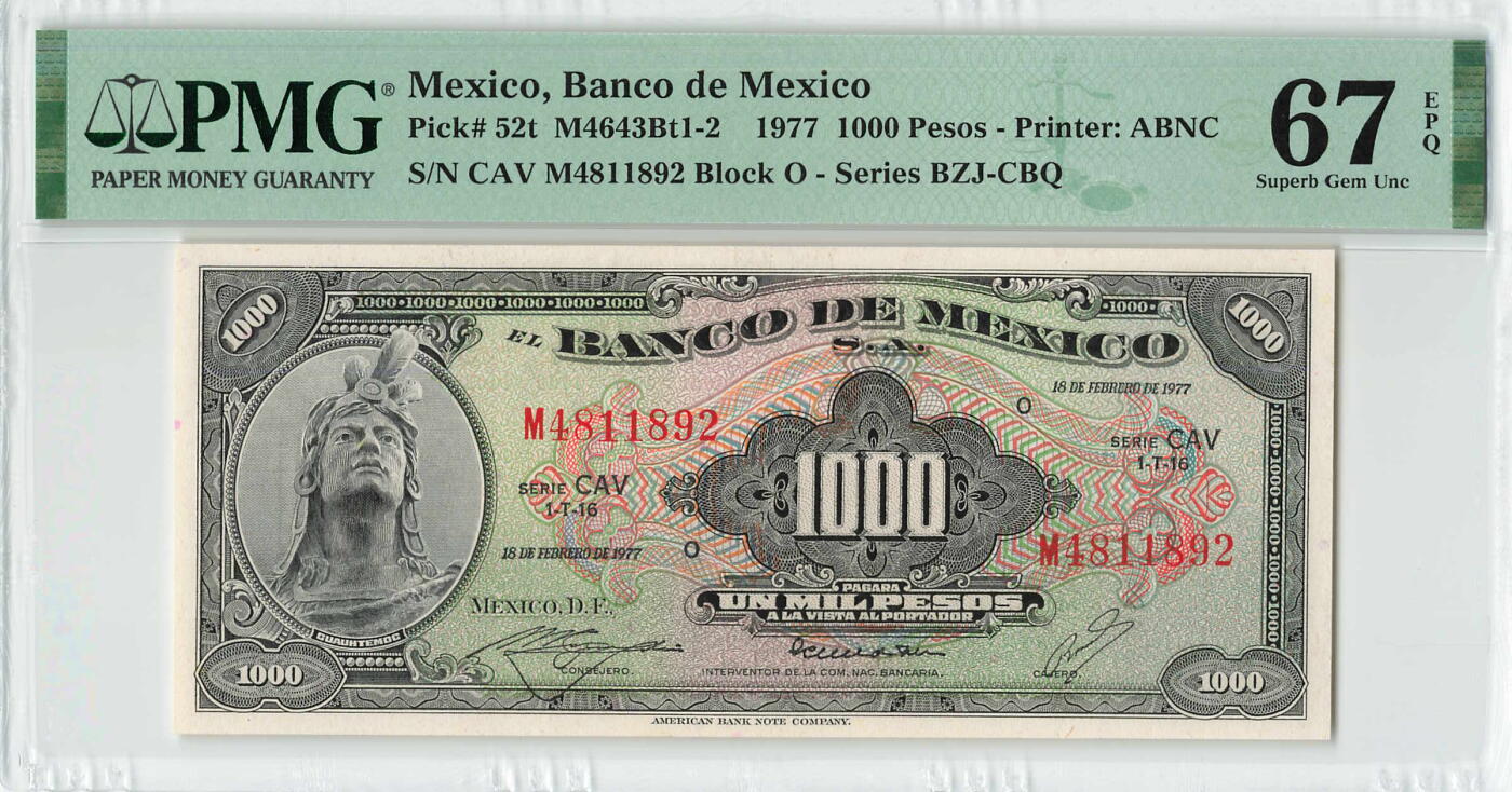 小福收藏拍卖第196期 评级币精选场 本期有68分倒置号布隆迪世界最大纸币 泰国69年10铢纪念钞0A冠百位倒置号  文莱06年500吉令特首年首冠 丹麦经典大松鼠 俄罗斯 玻利维亚 东加勒比 亚美尼亚等多国精美高分珍稀老钞精品纸币 墨西哥 1977年 1000比索 PMG67 EPQ 冠军分！！！