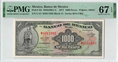 小福收藏拍卖第196期 评级币精选场 本期有68分倒置号布隆迪世界最大纸币 泰国69年10铢纪念钞0A冠百位倒置号  文莱06年500吉令特首年首冠 丹麦经典大松鼠 俄罗斯 玻利维亚 东加勒比 亚美尼亚等多国精美高分珍稀老钞精品纸币 - 墨西哥 1977年 1000比索 PMG67 EPQ 冠军分！！！