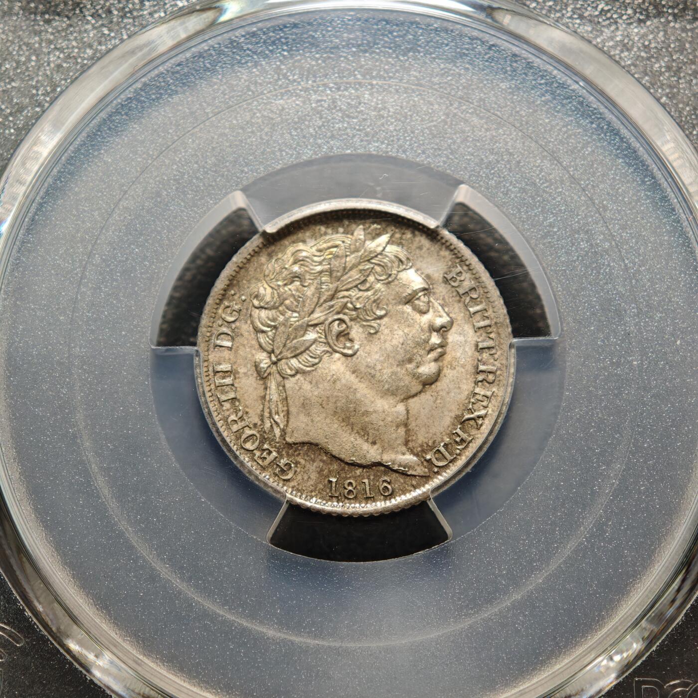 【德藏】世界币章拍卖第155期（拍品征集中~欢迎藏友联系） 1816年 英国乔治三世6便士银币 PCGS MS66 淡彩包浆 亚军分 仅2枚更高