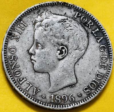 文馨钱币收藏第 283 场，【大雪鉴珍，寒英缀金】金银纪念币精品场，诚邀您的参与【长期接代拍品】 - 1896 年西班牙阿方索十三世 5 比塞塔大银币，第三版首发年 900 高银，只发行 4 年时间