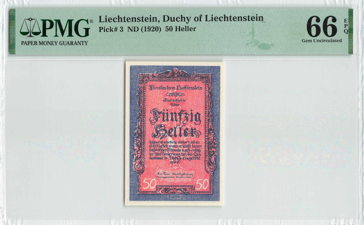 小福收藏拍卖第196期 评级币精选场 本期有68分倒置号布隆迪世界最大纸币 泰国69年10铢纪念钞0A冠百位倒置号  文莱06年500吉令特首年首冠 丹麦经典大松鼠 俄罗斯 玻利维亚 东加勒比 亚美尼亚等多国精美高分珍稀老钞精品纸币 列支敦士登 1920年 50赫勒 百年老钞 PMG66 EPQ 亚军分
