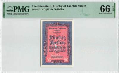 小福收藏拍卖第196期 评级币精选场 本期有68分倒置号布隆迪世界最大纸币 泰国69年10铢纪念钞0A冠百位倒置号  文莱06年500吉令特首年首冠 丹麦经典大松鼠 俄罗斯 玻利维亚 东加勒比 亚美尼亚等多国精美高分珍稀老钞精品纸币 - 列支敦士登 1920年 50赫勒 百年老钞 PMG66 EPQ 亚军分