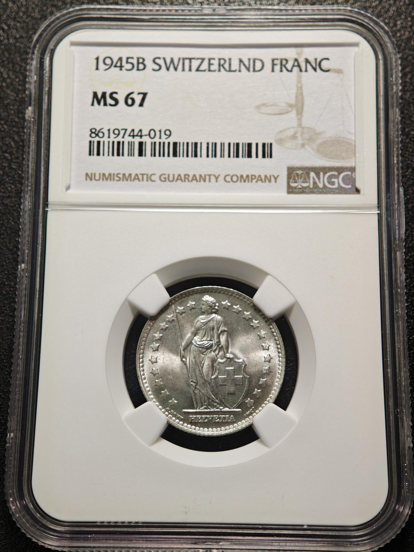 【德藏】世界币章拍卖第155期（拍品征集中~欢迎藏友联系） 冠军分！1945年 瑞士1法郎银币 NGC MS67 原光十足 状态极佳