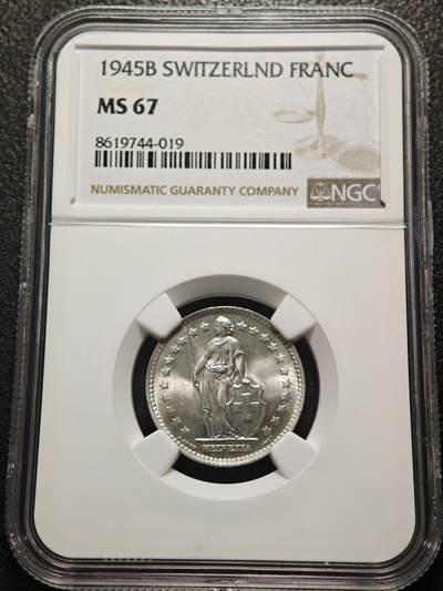 【德藏】世界币章拍卖第155期（拍品征集中~欢迎藏友联系） - 冠军分！1945年 瑞士1法郎银币 NGC MS67 原光十足 状态极佳