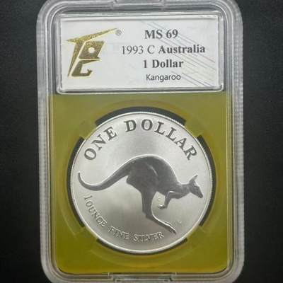 长老汇蛇年精选第七十九场拍卖 - 1993 澳大利亚 1元  袋鼠主题  1 盎司纯银纪念币，袋鼠系列稀少品种，TQG MS 69，黄色特殊壳子