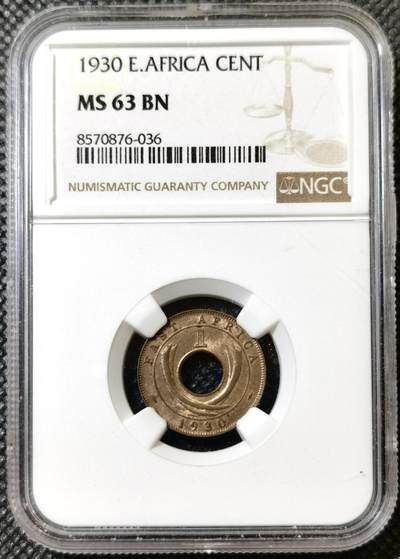 甄臻铺-世界币章拍卖（第40期）送拍享返佣金等优惠多多 - NGC-MS63BN 英属东非中孔一分，有趣的中孔币，铜光满溢，状态非常好，经典殖民地品种