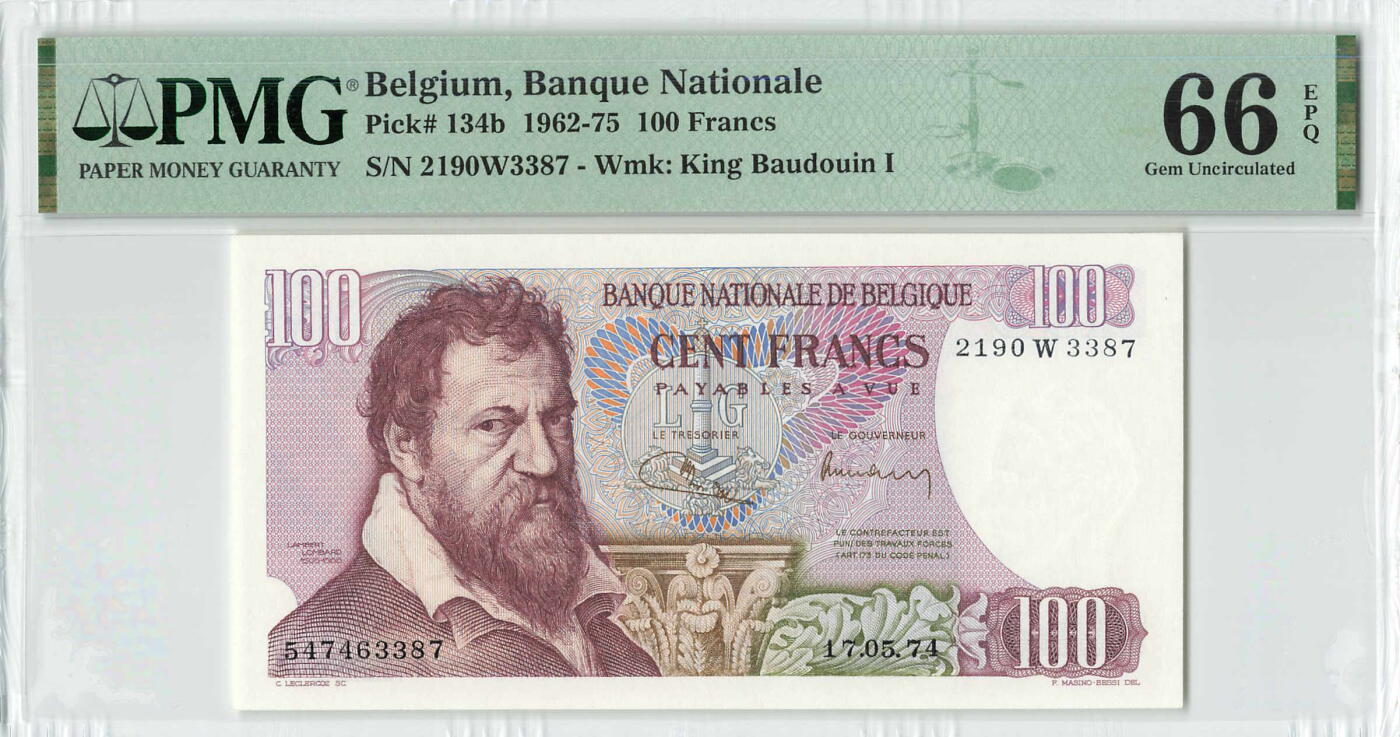 小福收藏拍卖第196期 评级币精选场 本期有68分倒置号布隆迪世界最大纸币 泰国69年10铢纪念钞0A冠百位倒置号  文莱06年500吉令特首年首冠 丹麦经典大松鼠 俄罗斯 玻利维亚 东加勒比 亚美尼亚等多国精美高分珍稀老钞精品纸币 比利时 1974年 100法郎 PMG66 EPQ 季军分