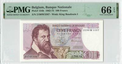 小福收藏拍卖第196期 评级币精选场 本期有68分倒置号布隆迪世界最大纸币 泰国69年10铢纪念钞0A冠百位倒置号  文莱06年500吉令特首年首冠 丹麦经典大松鼠 俄罗斯 玻利维亚 东加勒比 亚美尼亚等多国精美高分珍稀老钞精品纸币 - 比利时 1974年 100法郎 PMG66 EPQ 季军分