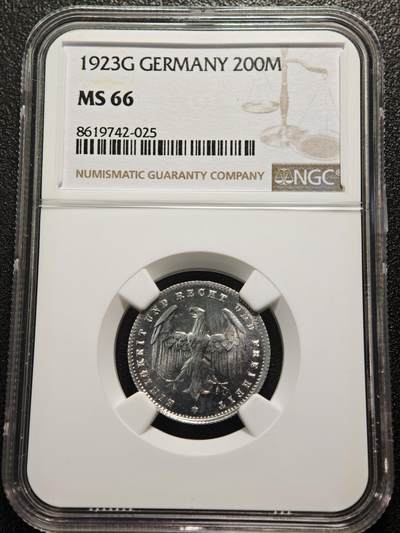 【德藏】世界币章拍卖第155期（拍品征集中~欢迎藏友联系） - 1923年 德国紧急时期200马克铝币 NGC MS66 原光十足 状态极佳