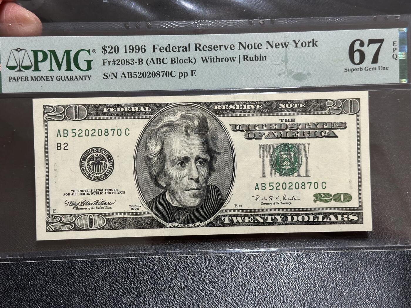 《外钞收藏家》第五百八十八期（优质场）（本平台长期征集拍品、欢迎藏友们联系合作） 1996年美国大头版20美元 PMG67