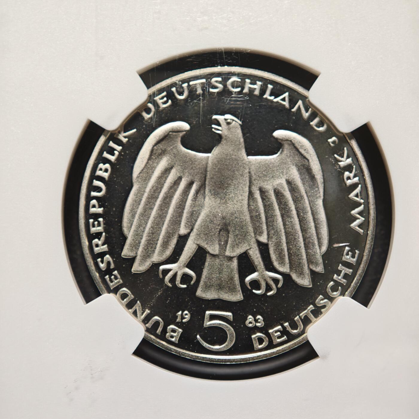 【德藏】世界币章拍卖第155期（拍品征集中~欢迎藏友联系） 冠军分！1983年 德国卡尔·马克思逝世百年5马克精制纪念镍币 NGC PF69UC 镜面十足 状态极佳