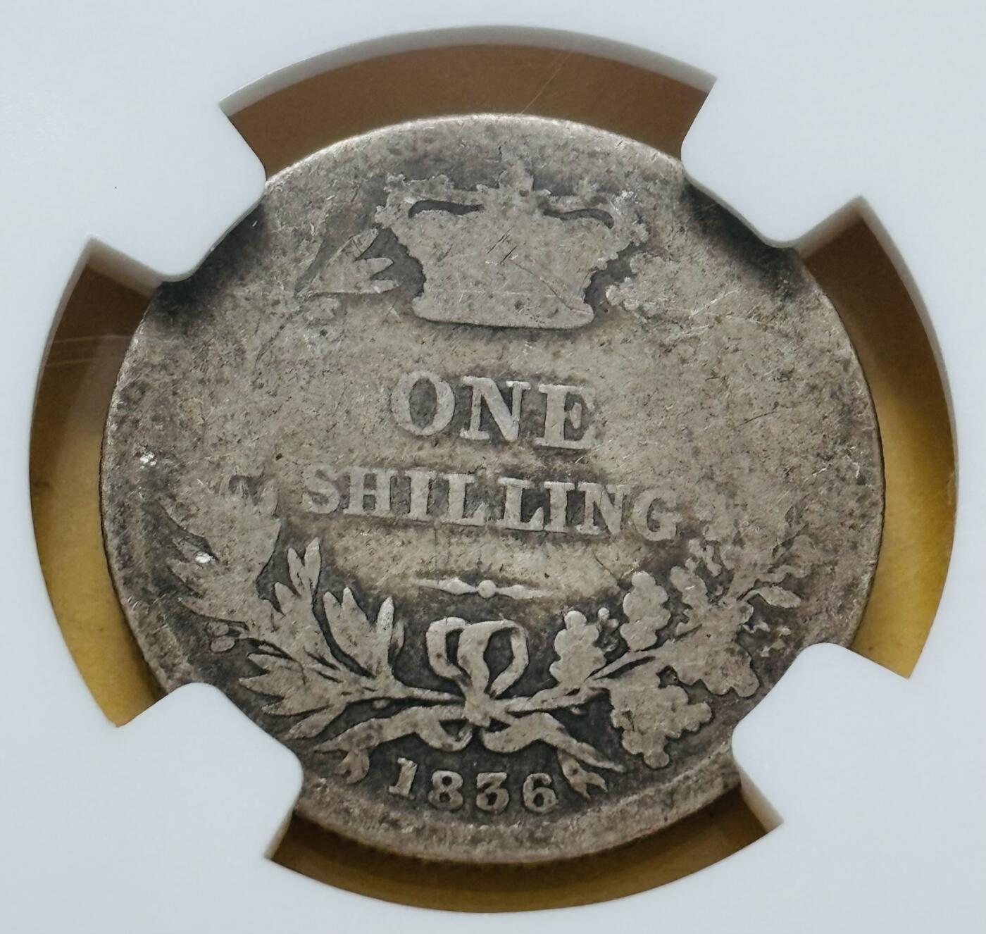 文馨钱币收藏第 283 场，【大雪鉴珍，寒英缀金】金银纪念币精品场，诚邀您的参与【长期接代拍品】 1836 年英国威廉四世 1 先令银币，关门版 NGC 评级 G4