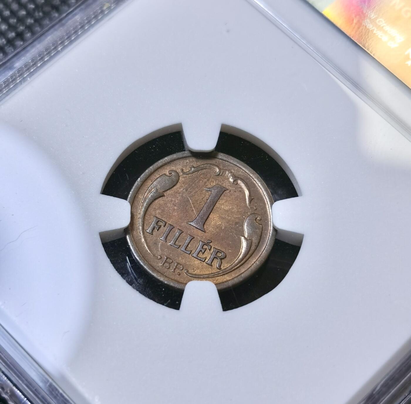 甄臻铺-世界币章拍卖（第40期）送拍享返佣金等优惠多多 NGC-MS63BN 匈牙利1934年一菲勒铜币，铜光饱满，状态很好
