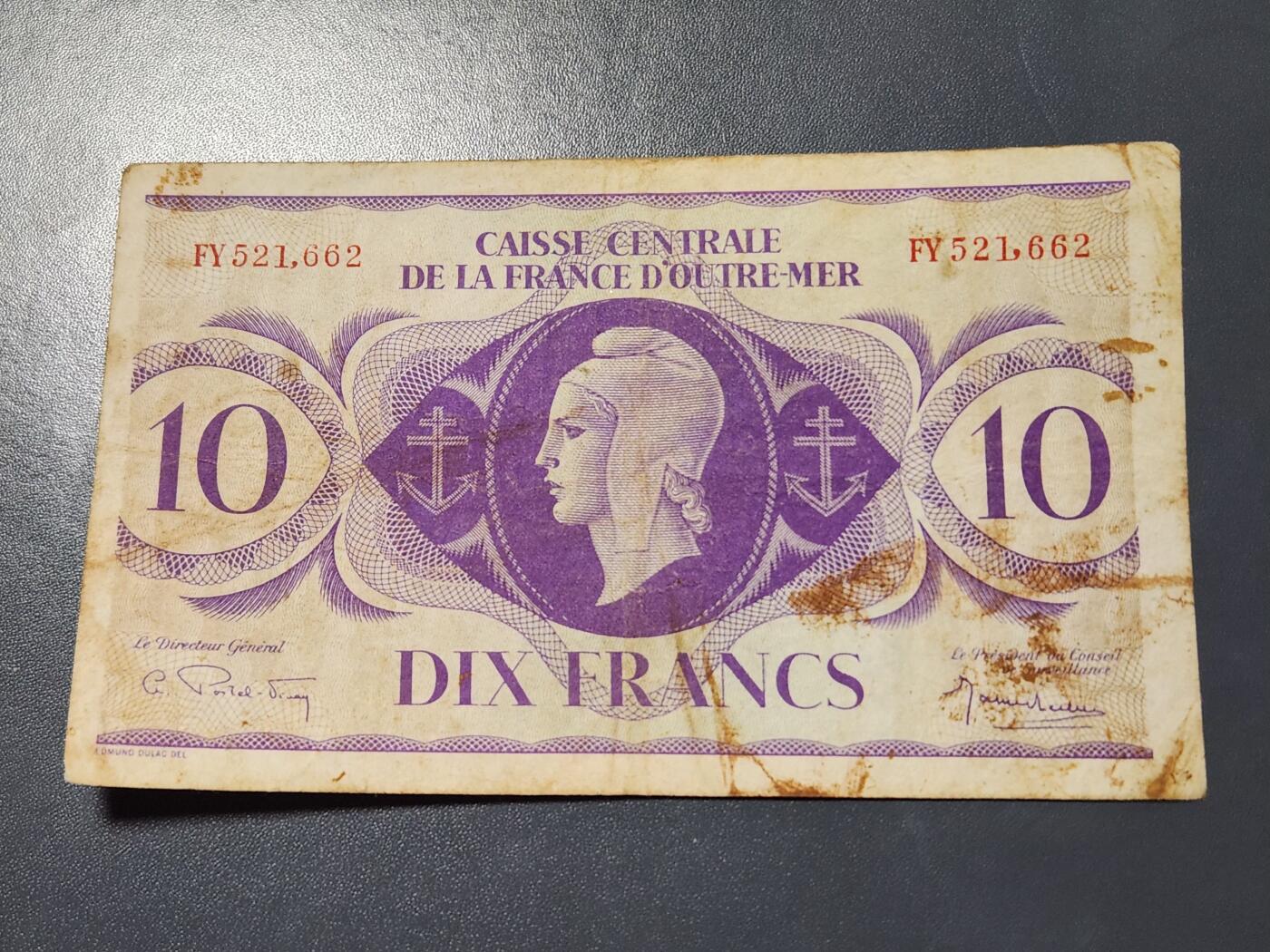 11月28号晚上8点 外国纸币自动截拍第64场 法属赤道非洲1944年10法郎 女神玛丽安娜 稀少