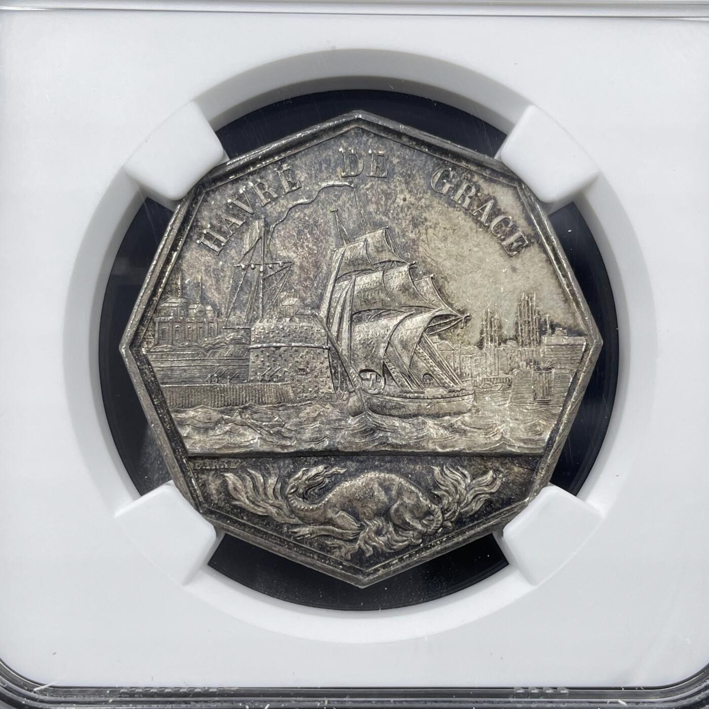 「木头集藏」章牌精品专场！ Barre～法国勒阿弗尔商会八角银章，MS 63 ，直径：32 mm， 边铭：手指 ARGENT （1845-1860年），难得好品！