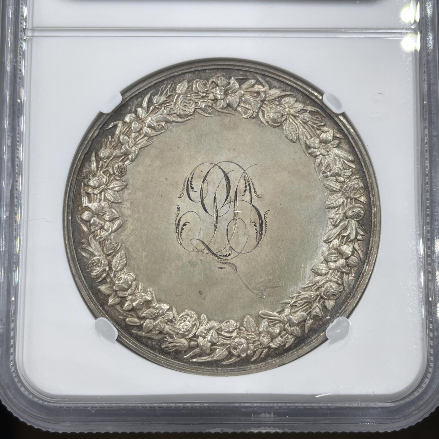 「木头集藏」章牌精品专场！ 1843年法国婚礼纪念大版银章，MS 63，直径：41 mm，边铭：船首 ARGENT （1842-1845年），刻字已一百八十多年，这个品相难得！