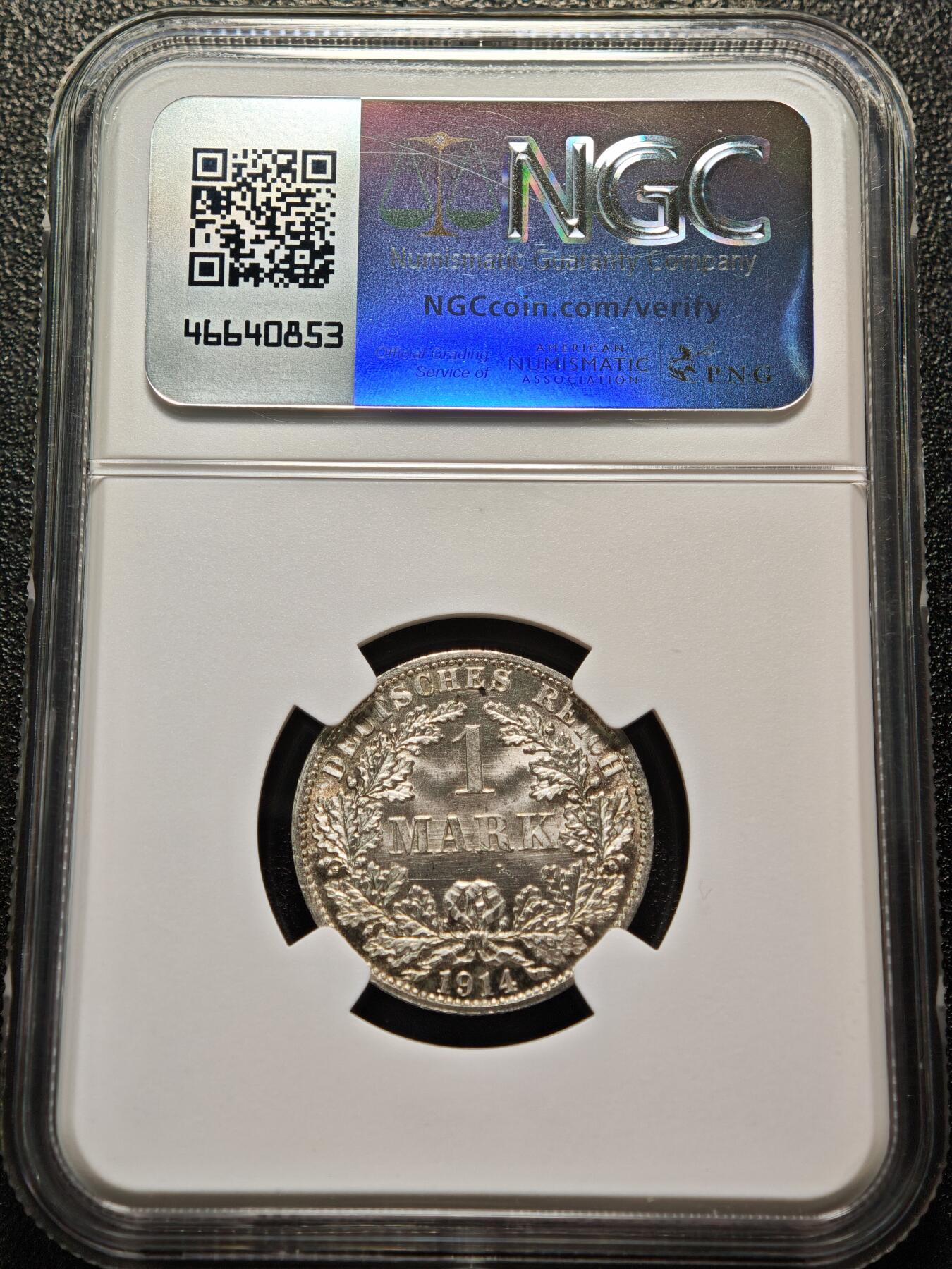 【德藏】世界币章拍卖第155期（拍品征集中~欢迎藏友联系） 1914年 德国1马克银币 NGC MS67 原光犀利 转光极强 淡彩包浆