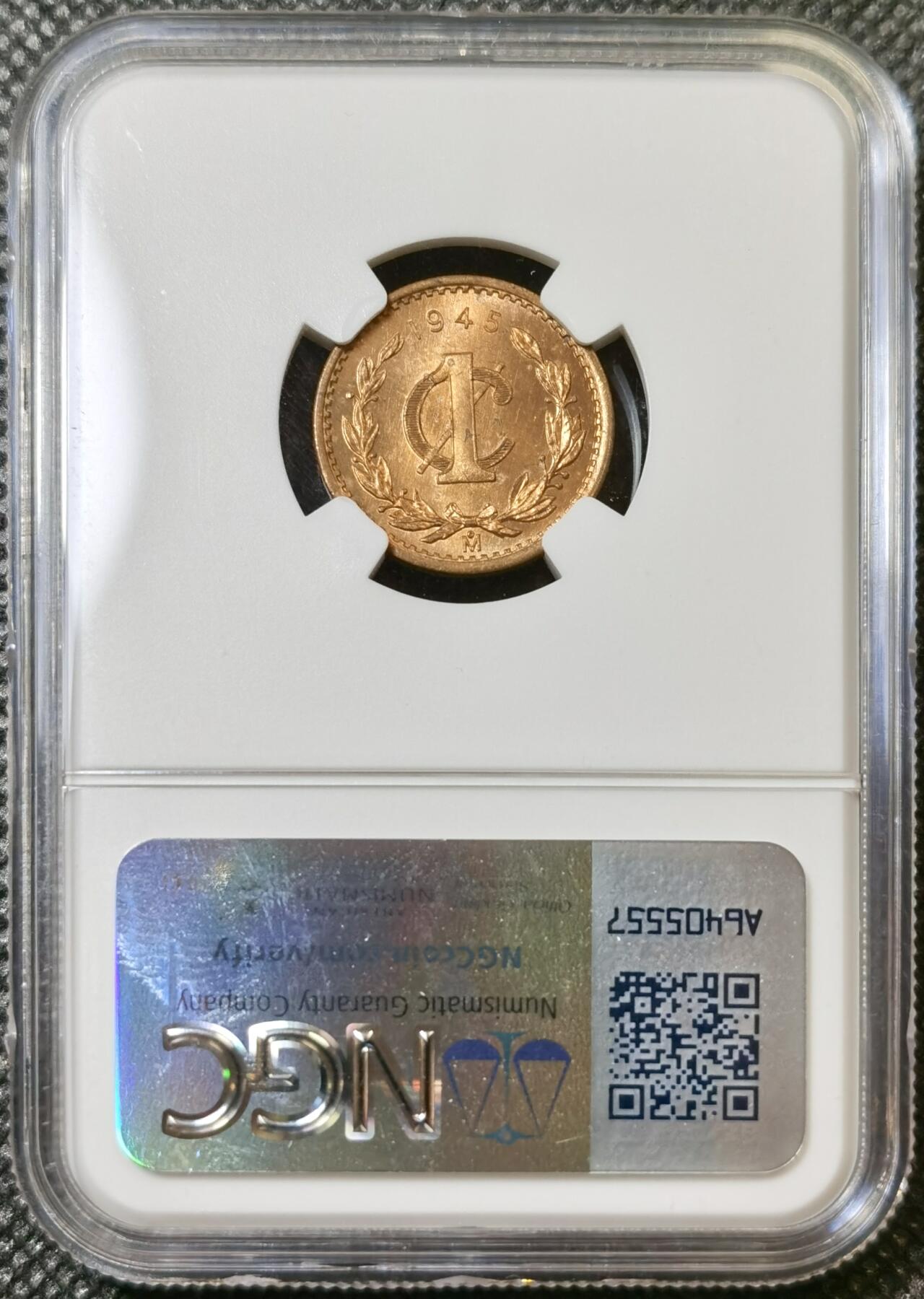甄臻铺-世界币章拍卖（第40期）送拍享返佣金等优惠多多 NGC-MS65RB 墨西哥1945一分铜币，BU卷拆状态，高分可藏