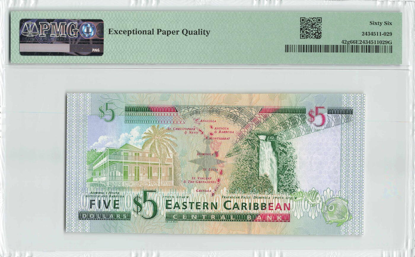 小福收藏拍卖第196期 评级币精选场 本期有68分倒置号布隆迪世界最大纸币 泰国69年10铢纪念钞0A冠百位倒置号  文莱06年500吉令特首年首冠 丹麦经典大松鼠 俄罗斯 玻利维亚 东加勒比 亚美尼亚等多国精美高分珍稀老钞精品纸币 东加勒比 （G）格林纳达 2003年 5元 国别很少见 全息贴膜 PMG66 EPQ 季军分