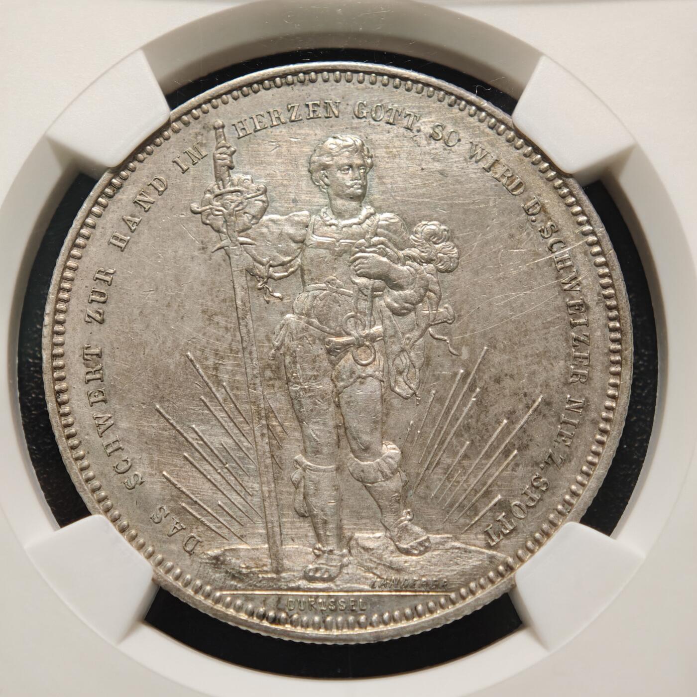 【德藏】世界币章拍卖第155期（拍品征集中~欢迎藏友联系） 1879年 瑞士巴塞尔射击节5法郎纪念银币 NGC AU 正面是手持长剑的士兵形象 背面是瑞士联邦徽章和鹰头图案 铸造精美 淡淡包浆 品相完好