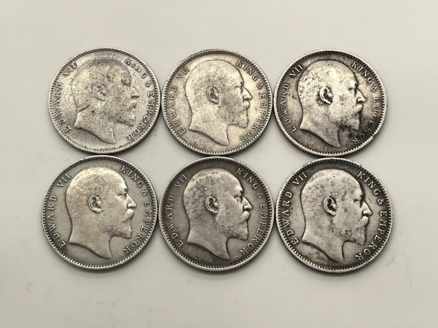 博洋堂世界钱币拍卖第149期（全场包邮） 英属印度1903-09年爱德华七世1卢比银币不同年份6枚一组