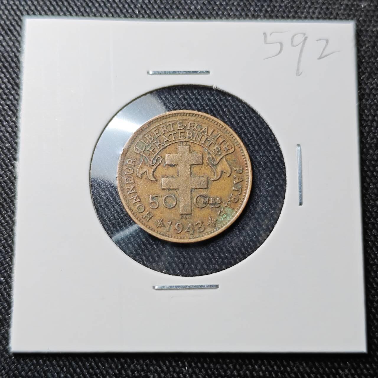 KK钱币收藏小铺 （套币 好品/批量散币 银币）专场  2月预留时间 周末发货  1943法属赤道非洲50分 小公鸡铜币