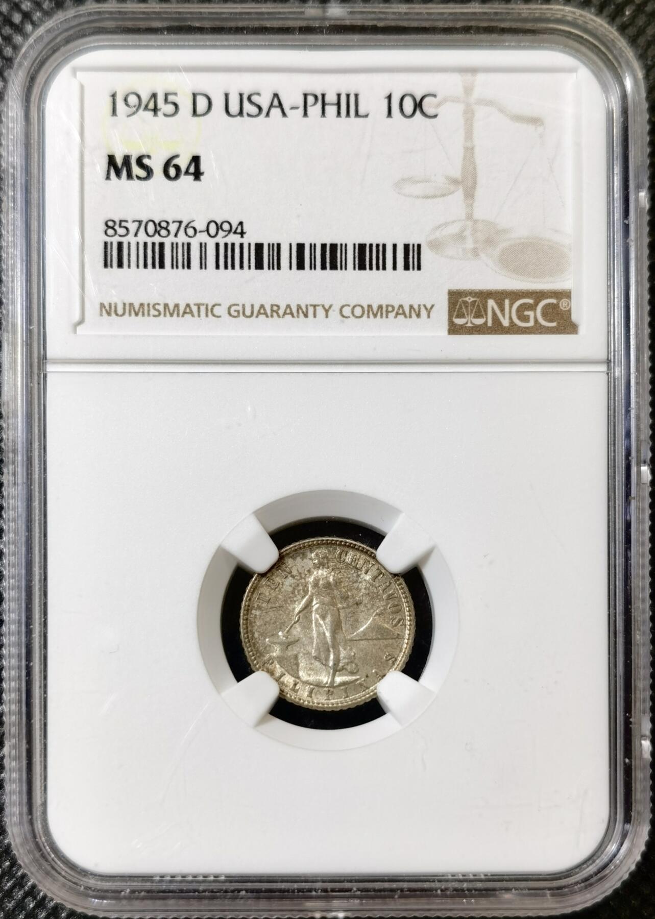 甄臻铺-世界币章拍卖（第40期）送拍享返佣金等优惠多多 NGC-MS64 美属菲律宾1945年10分银币，包浆好状态，漂亮的美品