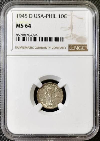 甄臻铺-世界币章拍卖（第40期）送拍享返佣金等优惠多多 - NGC-MS64 美属菲律宾1945年10分银币，包浆好状态，漂亮的美品