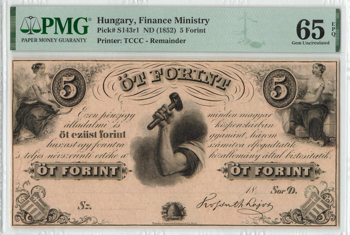 小福收藏拍卖第196期 评级币精选场 本期有68分倒置号布隆迪世界最大纸币 泰国69年10铢纪念钞0A冠百位倒置号  文莱06年500吉令特首年首冠 丹麦经典大松鼠 俄罗斯 玻利维亚 东加勒比 亚美尼亚等多国精美高分珍稀老钞精品纸币 匈牙利 1852年 5福林 173年老钞 精美 PMG65 EPQ 季军分