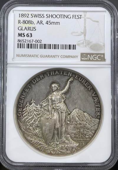 「木头集藏」章牌精品专场！ - Huguenin～1892瑞士格拉鲁斯射击节银章，MS63 ，直径：45mm，38 g，NGC加厚盒，经典射击节品种，设计精美，包浆很漂亮。