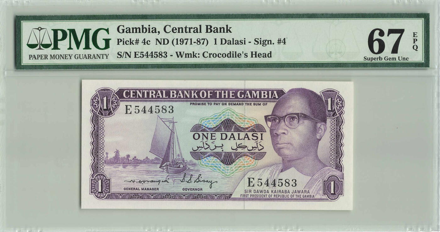 小福收藏拍卖第196期 评级币精选场 本期有68分倒置号布隆迪世界最大纸币 泰国69年10铢纪念钞0A冠百位倒置号  文莱06年500吉令特首年首冠 丹麦经典大松鼠 俄罗斯 玻利维亚 东加勒比 亚美尼亚等多国精美高分珍稀老钞精品纸币 冈比亚 1971-87年 1达拉西 无微缩文字第一版 PMG67 EPQ 冠军分！！！