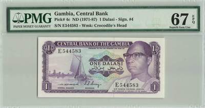 小福收藏拍卖第196期 评级币精选场 本期有68分倒置号布隆迪世界最大纸币 泰国69年10铢纪念钞0A冠百位倒置号  文莱06年500吉令特首年首冠 丹麦经典大松鼠 俄罗斯 玻利维亚 东加勒比 亚美尼亚等多国精美高分珍稀老钞精品纸币 - 冈比亚 1971-87年 1达拉西 无微缩文字第一版 PMG67 EPQ 冠军分！！！