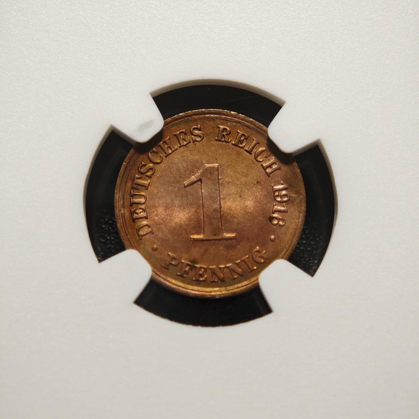 【德藏】世界币章拍卖第155期（拍品征集中~欢迎藏友联系） 1916年 德国1芬尼铜币 NGC MS64RB 原光十足 状态极佳