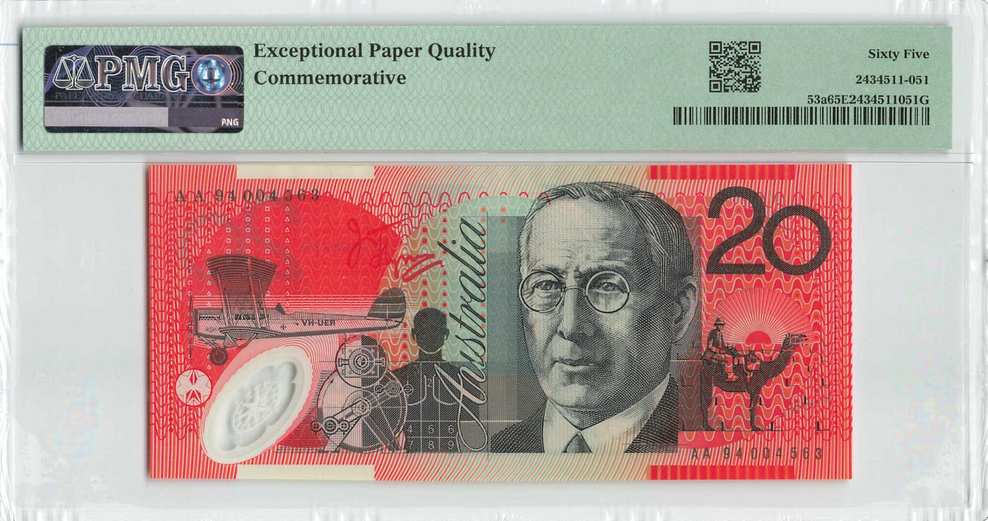 小福收藏拍卖第196期 评级币精选场 本期有68分倒置号布隆迪世界最大纸币 泰国69年10铢纪念钞0A冠百位倒置号  文莱06年500吉令特首年首冠 丹麦经典大松鼠 俄罗斯 玻利维亚 东加勒比 亚美尼亚等多国精美高分珍稀老钞精品纸币 澳大利亚 1994年 20元 塑料钞 罕见纪念钞版 正面加盖日期 首版首发年首发AA冠 PMG65 EPQ