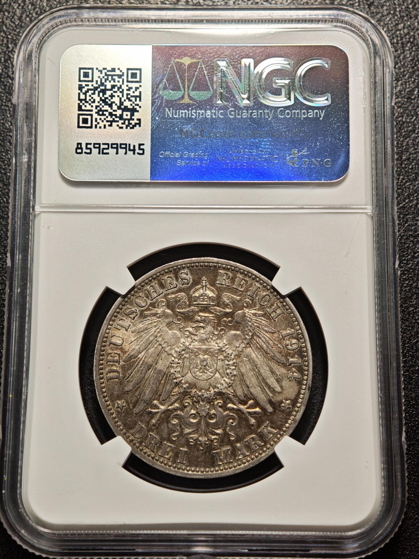 【德藏】世界币章拍卖第155期（拍品征集中~欢迎藏友联系） 1914年 德国巴伐利亚3马克银币 NGC AU53 原味深彩包浆 状态极佳