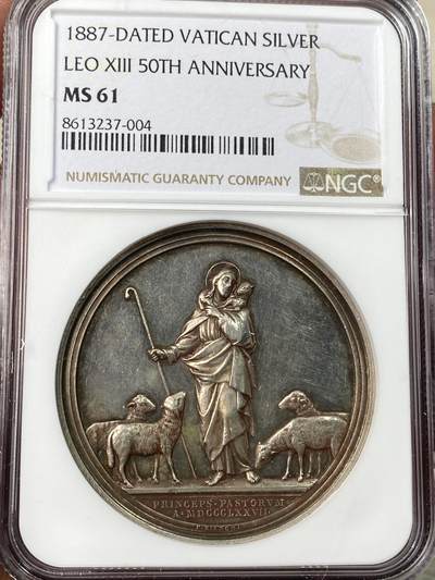 万国钱币拍卖第056期 - NGC MS61 1877年梵蒂冈教皇国庇护九世50周年纪念大银章 耶稣化作牧羊人 高浮雕少见品种 