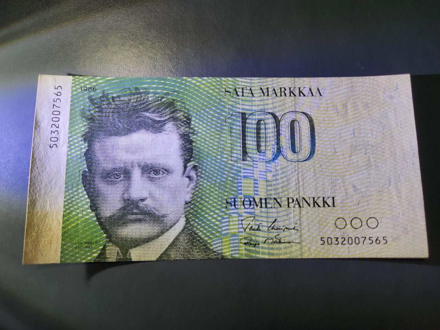 11月28号晚上8点 外国纸币自动截拍第64场 芬兰100马克纸币 1986年原版 西贝柳斯 极美品