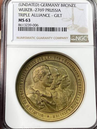 万国钱币拍卖第056期 - NGC MS63 1888年德国奥地利意大利三国同盟纪念镀金大铜章 精工细作的顶级设计 三国盾徽完美融合 皇制犹如刚下机床般的完美收藏品质